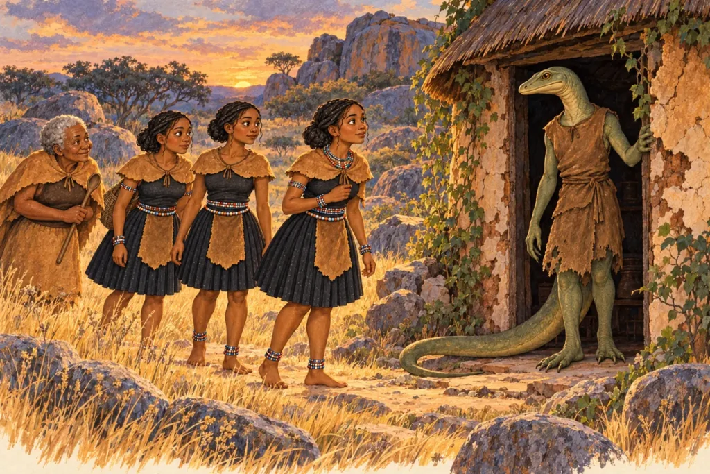 The travellers meet the smooth-skinned creature at a thatched hut.