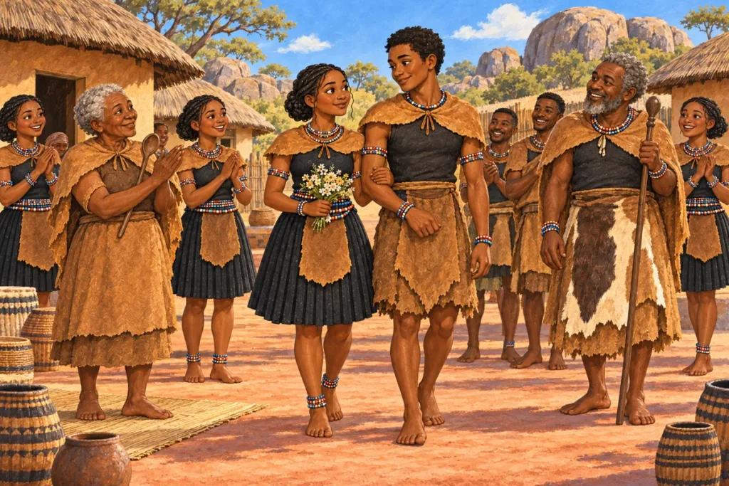 Buhlaluse and her prince celebrate with people at the homestead.