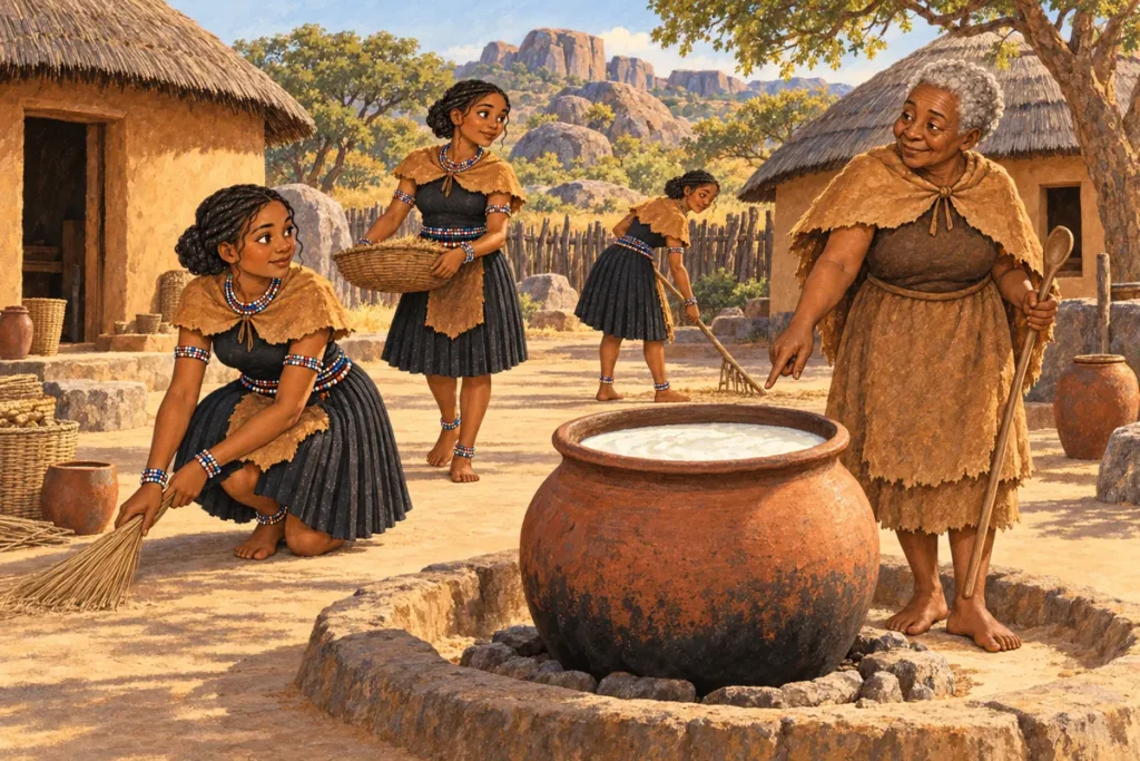 Gogo studies a great pot of thick amasi in the courtyard.