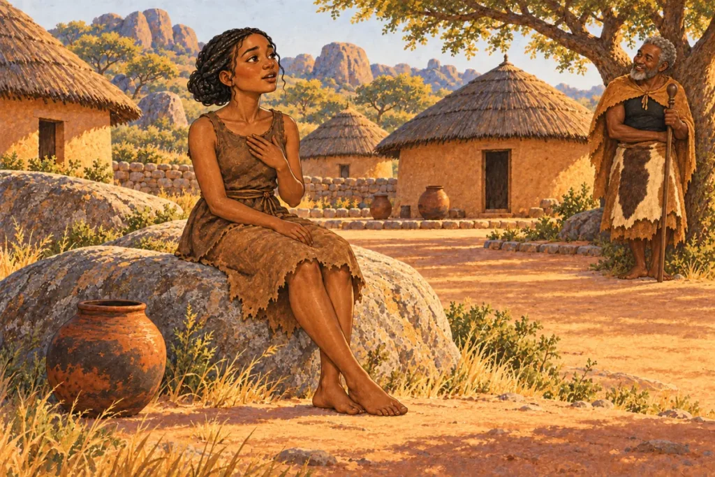 Buhlaluse sings beside a granite rock while the king listens near a tree.